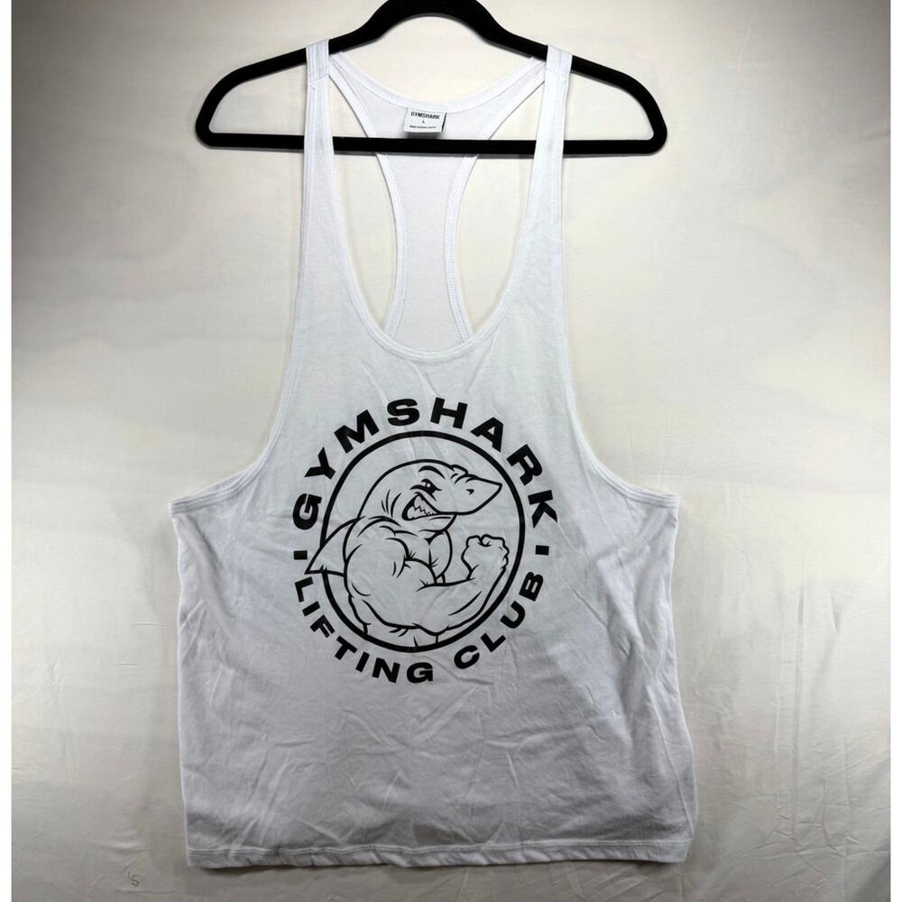 Gymshark Mens Large White Lifting Club Shark Graphic Stringer Tank Top